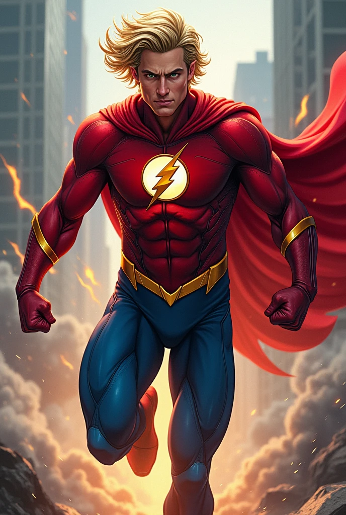 The son (male) de flash y supergirl, adult, with a fused suit of both superheroes (Red and blue), and with a cape, rubio... Con traje de flash y supergirl fusionados, and lightning emblem and the "s" (de superman)
