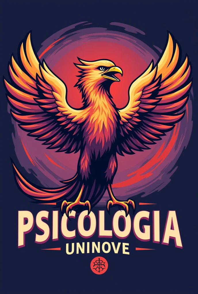 Create a mascot image for the Psychology course. The phoenix must have a confident and empowered posture, symbolizing strength and overcoming. He should be holding the Psychology symbol Ψ with an expression of determination.. Use colors that represent Psychology, like purple , no design, swirly vibrant colors. Include the name 'PSICOLOGIA UNINOVE' in bold, with typography that conveys power and professionalism. The mascot's style should be aggressive and inspiring., with features that show power and resilience. Design should reflect the spirit of support, development and reception of the group, incorporating additional symbols related to Psychology, significant elements for the course and practice of Psychology. Make a logo and use it on social media. same color background, animal on fire and put the psychology dimbolo