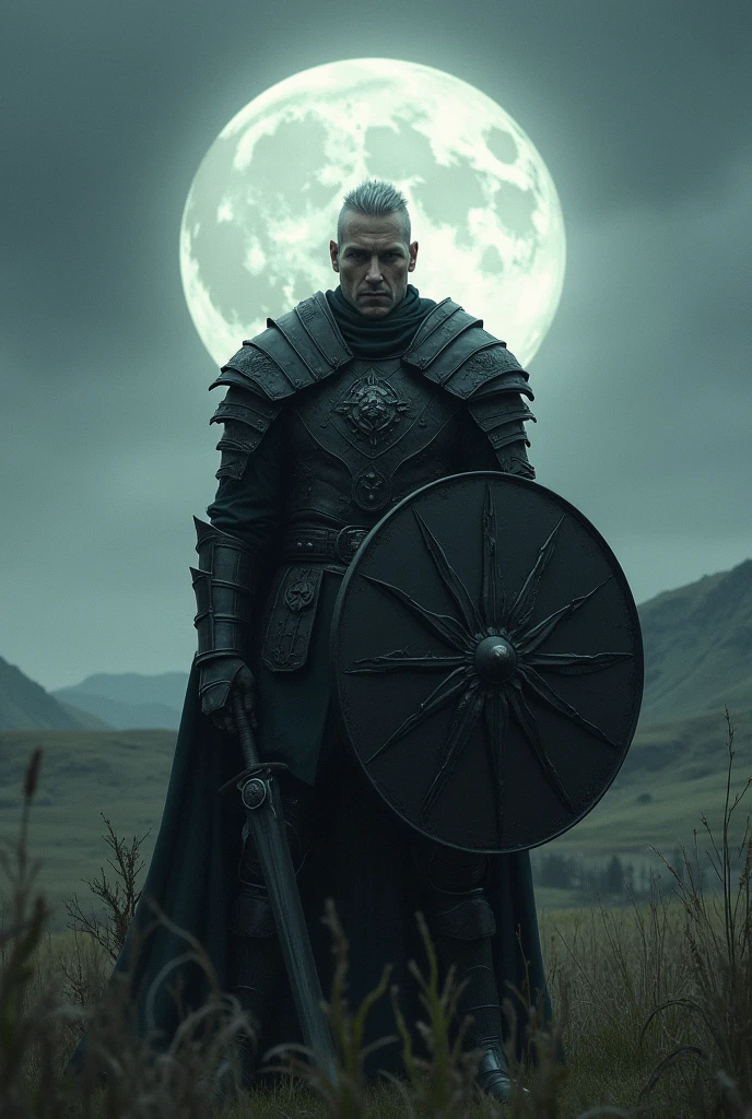 A tall man, shaven , with silver and spiky hair, eyes with silver iris, in a field under the full moon, with black medieval armor with a black sun on the chest, with a giant circular shield with a sun design, Wearing a longsword in his hands, fighting the undead