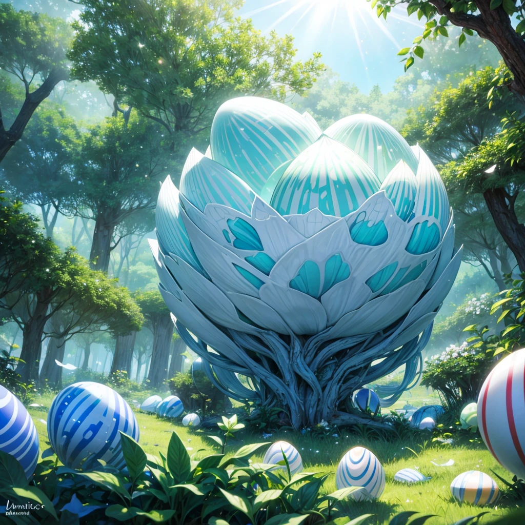 Large light blue plant with white stripes capable of expelling eggs, unique in a magical forest 