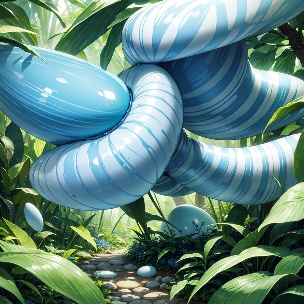 Large light blue plant with white stripes capable of expelling eggs, unique in a magical forest