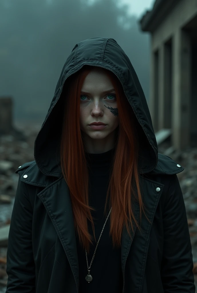 On a dark night in a destroyed place there was a woman, long red hair hidden by the hood of her open black coat that revealed a black shirt underneath. There was a small tattoo below his right eye that appeared to be a small eagle, his dark green eyes and the tattoo were the only thing showing on his face covered in layers of clothing that hid a face flushed with fatigue.