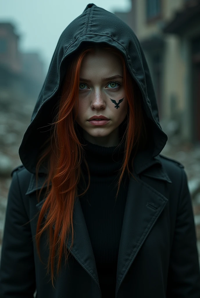On a dark night in a destroyed place there was a woman, long red hair hidden by the hood of her open black coat that revealed a black shirt underneath. There was a small tattoo below his right eye that appeared to be a small eagle, his dark green eyes and the tattoo were the only thing showing on his face covered in layers of clothing that hid a face flushed with fatigue.