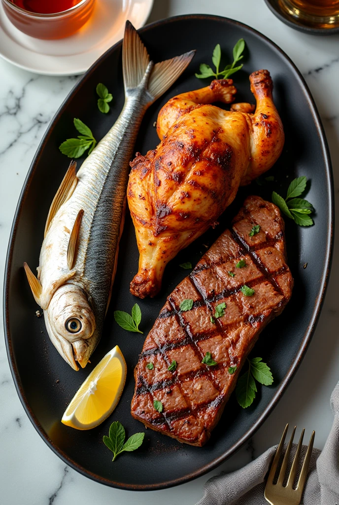 Take a top photo,All three foods are clear shots,Grilled fish on the table,roast chicken,and grilled steak