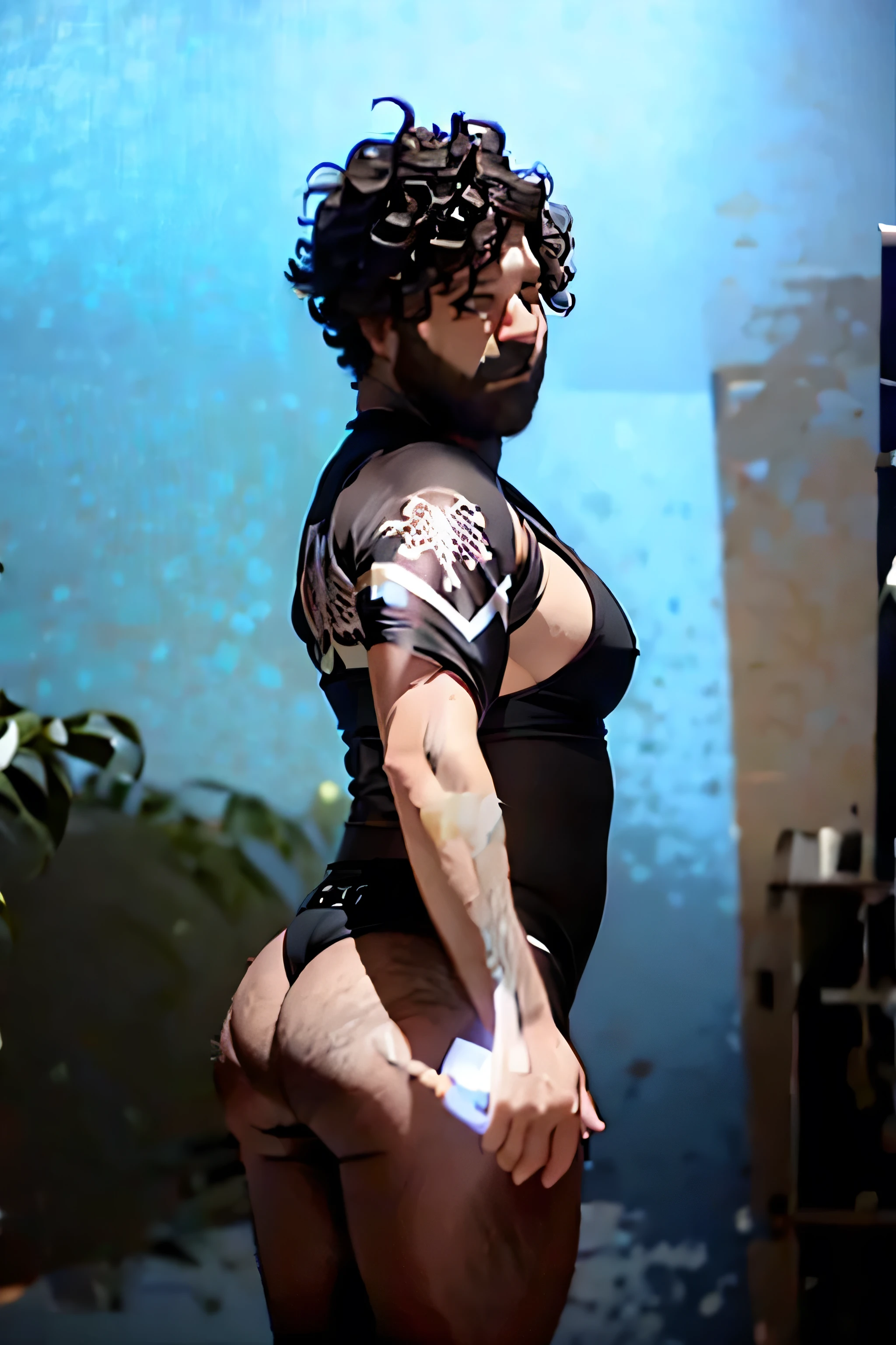 muscular man with a big butt and small waist in a tight-fitting suit, Big ass man, man with corset, man with hourglass body, man with waist AND BIG ASS, MAN IN LINGERIE AND TIGHTS