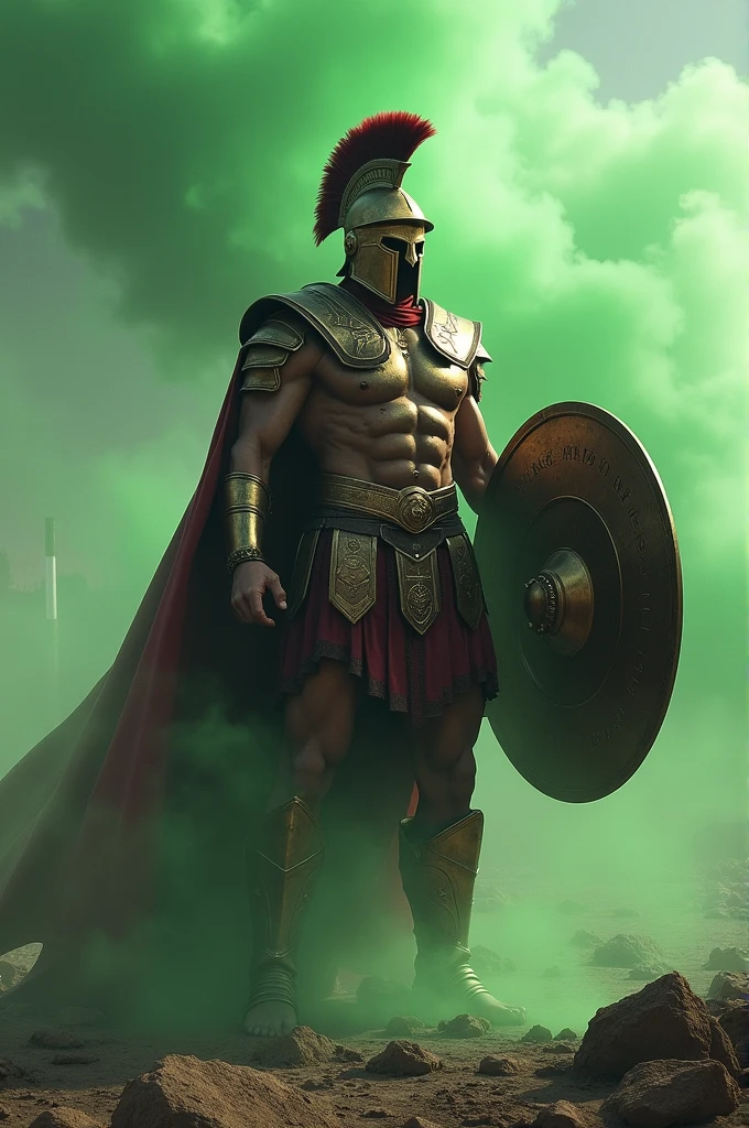 Spartan with shield and green smoke