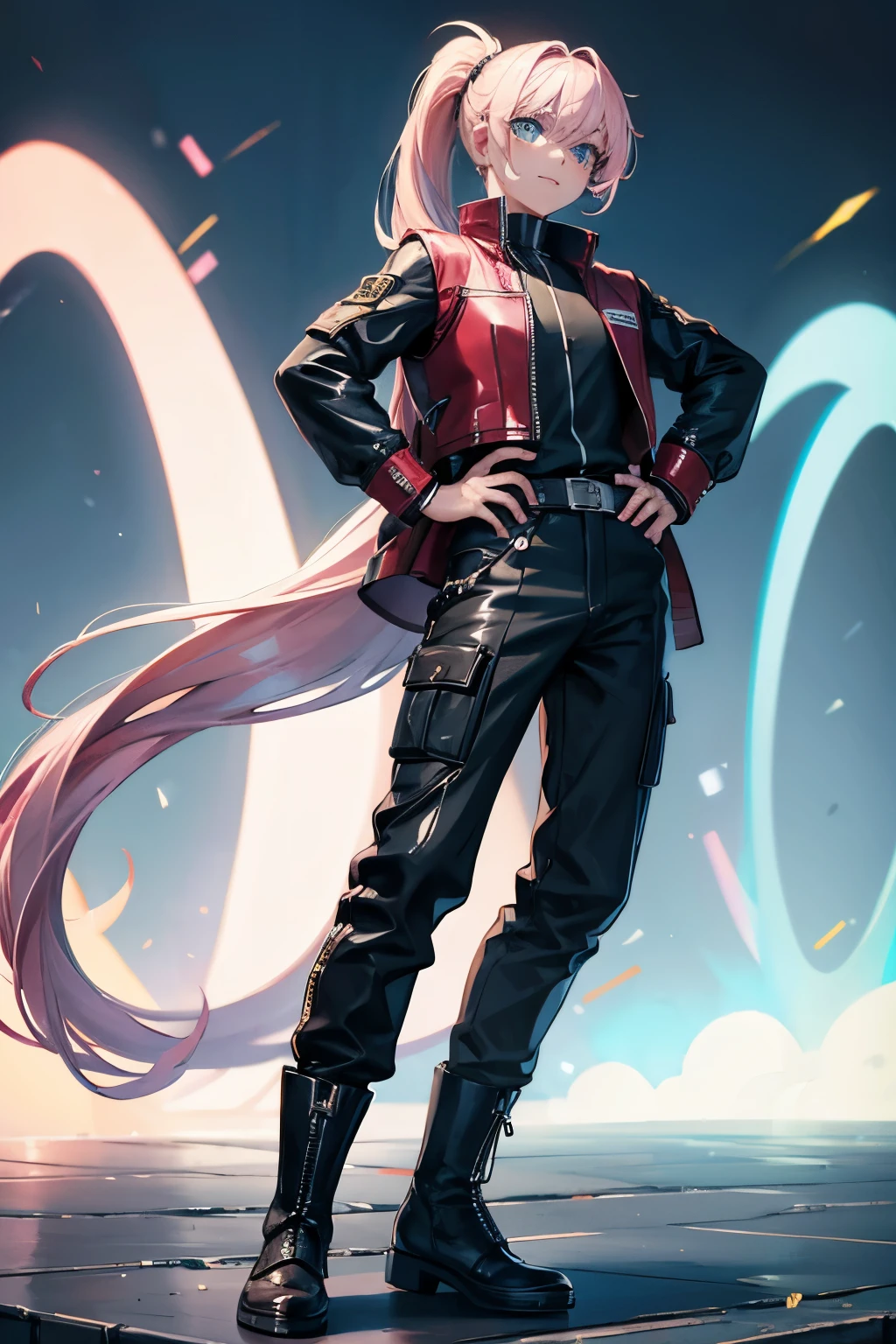 masterpiece, best quality, (ultra-detailed), (super fine illustration), BREAK, (1boy), Young adult man, BREAK, (male body), (full body), BREAK, slim bulid, well-bulid body, BREAK, (long hair, light pink hair, ponytail), BREAK, (perfect eyes, blue eyes, detailed eyes, vertical pupils), BREAK, light smile, BREAK, (leather vest, zipped), (black shirt, long sleeves) (black baggy pants, long pants), (boots), BREAK, looking at viewer, (medival village), standing, hands on own hips,