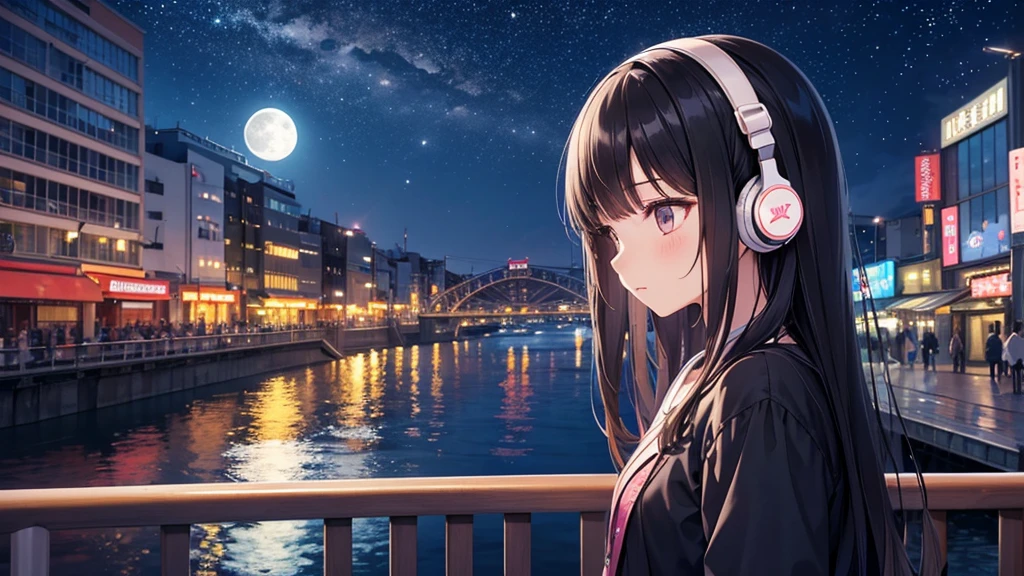 Traveling along Dotonbori Bridge in Osaka after the rain。White moon in the sky。A young girl with black hair wearing stylish clothes and headphones labeled "lo-fi" The girl is shown in profile, gazing into the distance with a calm, relaxed expression Background depicts the iconic scenery of Namba, Osaka at night, without any text on signs A starry night sky adding to the peaceful atmosphere Overall mood is quiet and serene, perfect for lo-fi music Detailed hair rendering and careful attention to the girl's fashionable outfit The entire scene should evoke a relaxing, introspective feeling associated with lo-fi music