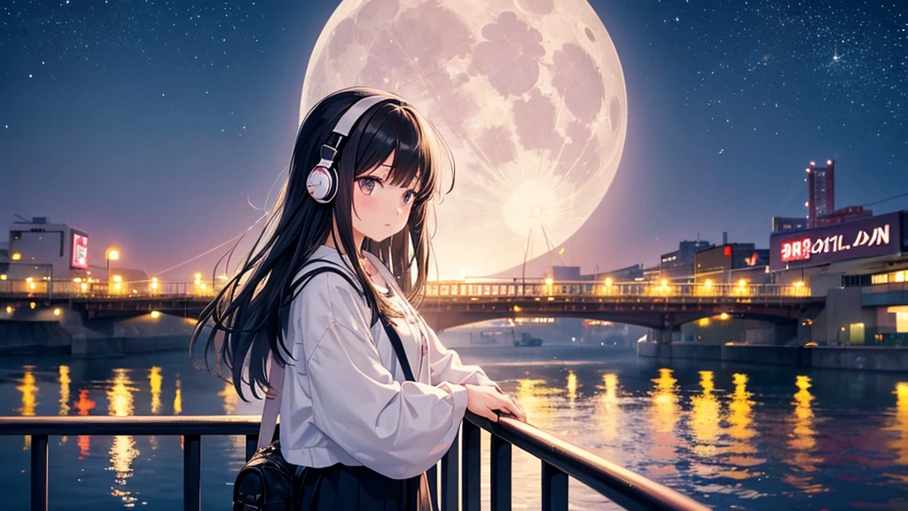 Traveling along Dotonbori Bridge in Osaka after the rain。White moon in the sky。A young girl with black hair wearing stylish clothes and headphones labeled "lo-fi" The girl is shown in profile, gazing into the distance with a calm, relaxed expression Background depicts the iconic scenery of Namba, Osaka at night, without any text on signs A starry night sky adding to the peaceful atmosphere Overall mood is quiet and serene, perfect for lo-fi music Detailed hair rendering and careful attention to the girl's fashionable outfit The entire scene should evoke a relaxing, introspective feeling associated with lo-fi music