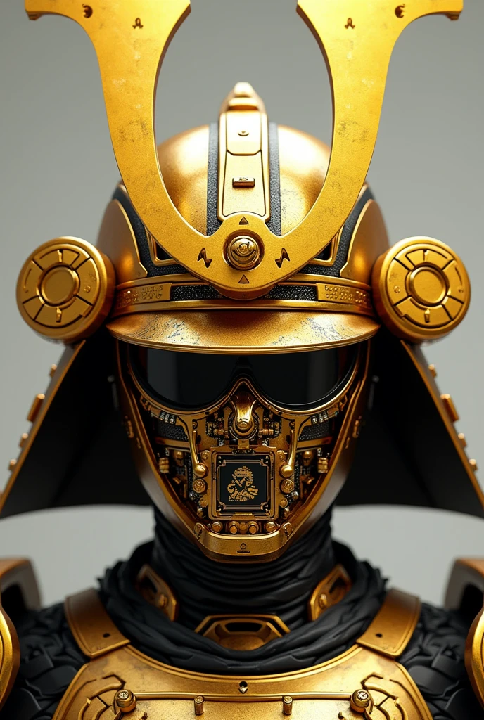 A golden Japanese samurai mask with components simulating electronic applications,Used on golden masksICElectronic chip components andCPUdecorate,The Japanese family crest is printed on it
