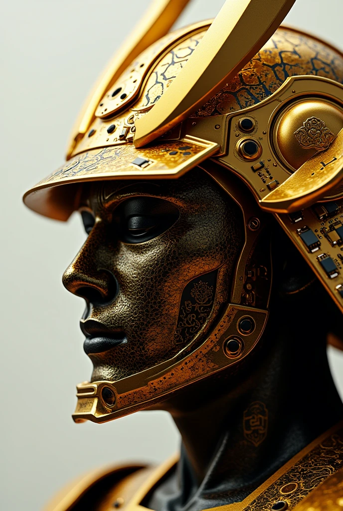 A golden Japanese samurai mask with components simulating electronic applications，Used on golden masksＩＣElectronic chip components andＣＰＵdecorate，The Japanese family crest is printed on it