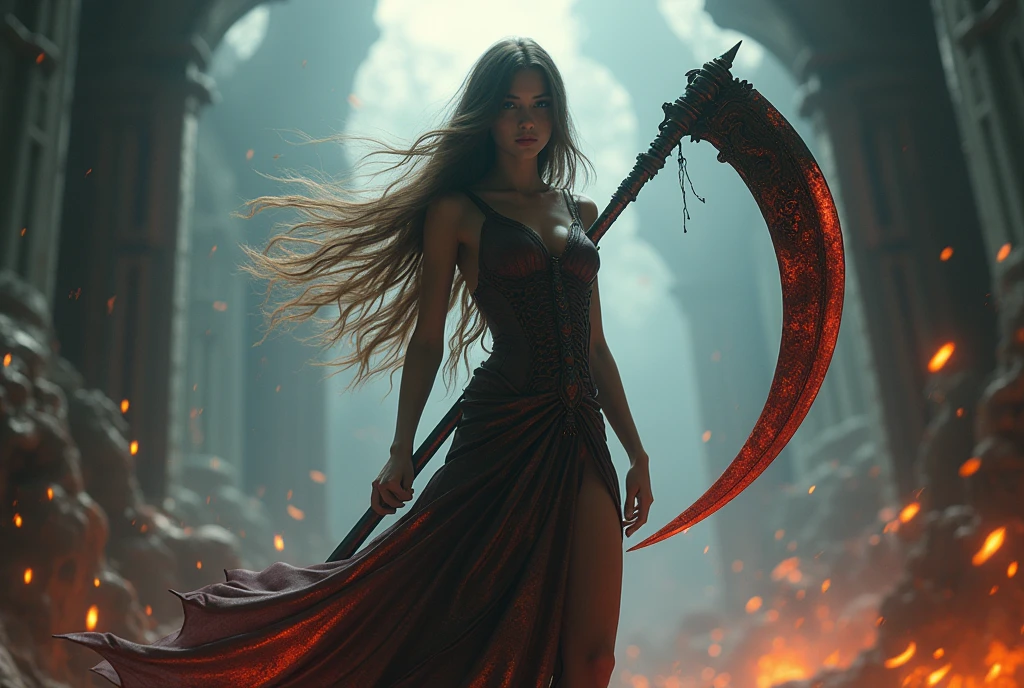 ((masterpiece, highest quality, Highest image quality, High resolution, photorealistic, Raw photo, 8K)), ((Extremely detailed CG unified 8k wallpaper)), (huge stunning goddess shot, very hot and sexy, jaw-dropping beauty, perfect proportions, beautiful body, slim body beauty:1.4), A girl wielding a huge scythe, movie poster, The words "INFINITY" written in large letters at the bottom of the screen,