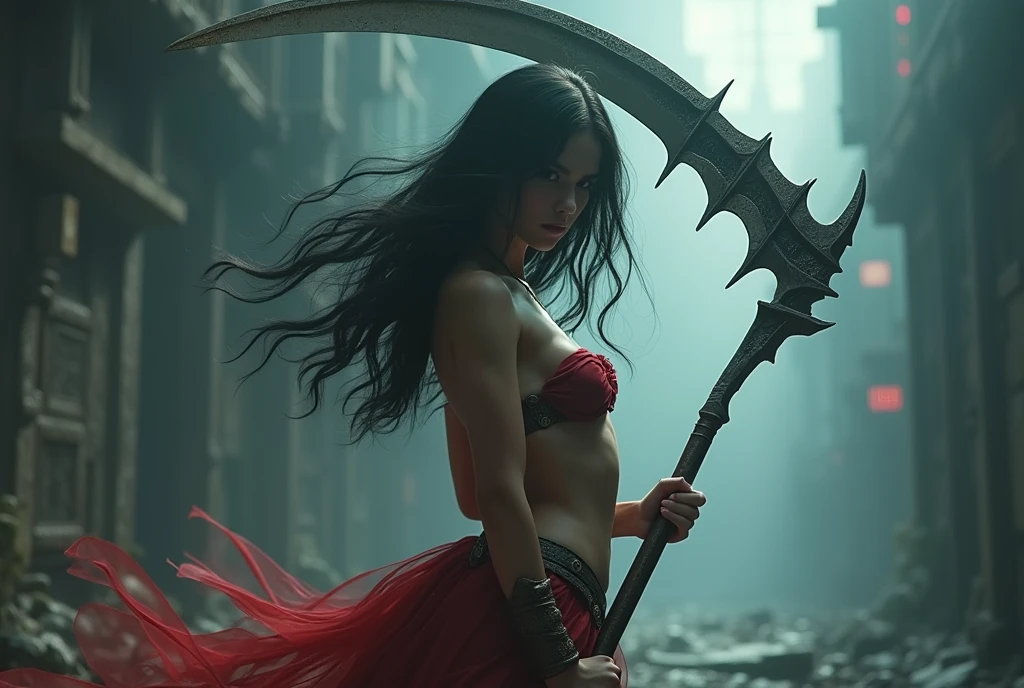 ((masterpiece, highest quality, Highest image quality, High resolution, photorealistic, Raw photo, 8K)), ((Extremely detailed CG unified 8k wallpaper)), (huge stunning goddess shot, very hot and sexy, jaw-dropping beauty, perfect proportions, beautiful body, slim body beauty:1.4), A girl wielding a huge scythe, movie poster, The words "INFINITY" written in large letters at the bottom of the screen,