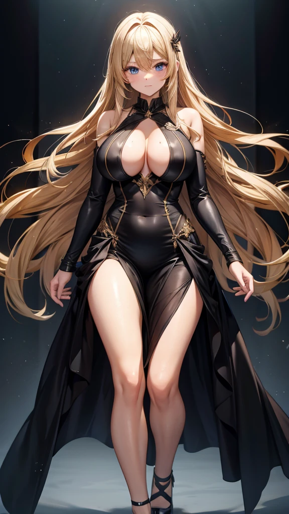 Adult woman with long blond hair and huge breasts,hairpin,see see-through tight-fitting plunging deep-v provocative Black evening dress,Bare arms,Abdominal muscles,muscle,Bare Legs,black stockings,high heels,Standing,palace wave windows