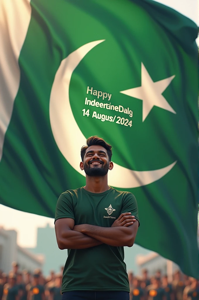 Happy Independence Day 14 August 2024 is written on big flag of Pakistan and a 25-year-old boy is standing in front of him wearing Army T-shirt, with name "AHMAD" written on t shirt, and holding the Pakistani flag in his hand, 3D art painting realistic high quality photo