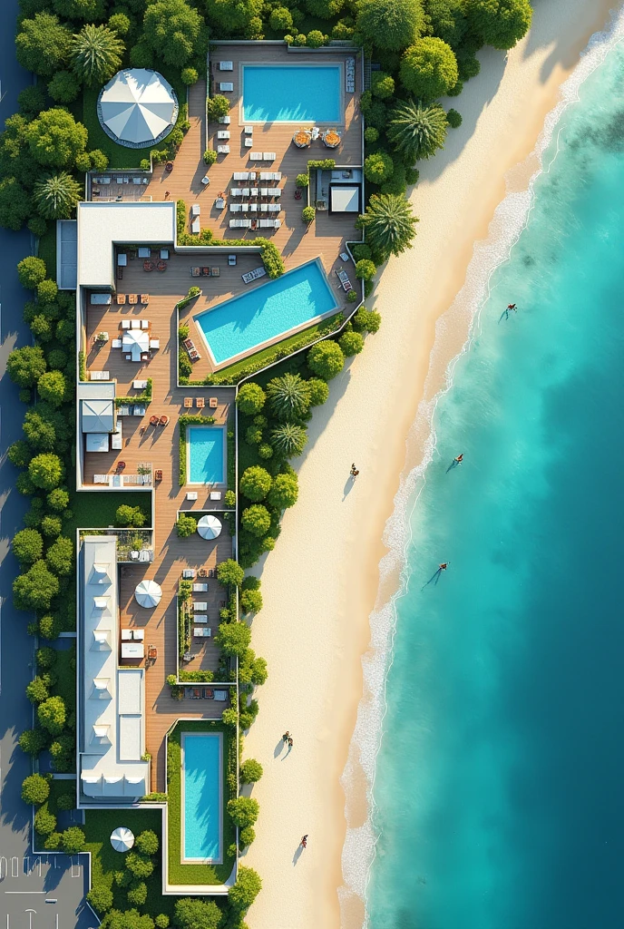 2D hotel floor plan on the beach which first shows the reception space The restaurant space The recreation space , the rooms, A SPA room, An area for people with disabilities, 3 swimming pools, Connection with green areas, This could be something like an open space and a septic tank for waste water outside the hotel., The L-shaped parking lot One part in front and the rest alongside