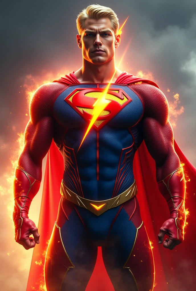 The son (male) de flash y supergirl, adult, with a fused suit of both superheroes (Red and blue), and with a cape, rubio... Con traje de flash y supergirl fusionados, and lightning emblem and the "s" (de superman)