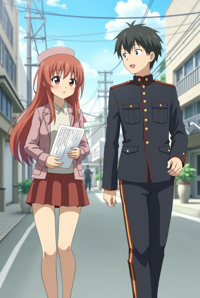 Create Saori takebe from the anime girls und panzer and walk next to a boy in military uniform and that saori have documents in his hands as they walk side by side chatting