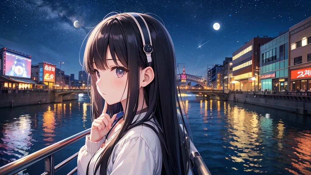 Traveling along Dotonbori Bridge in Osaka after the rain。White moon in the sky。A young girl with black hair wearing stylish clothes and headphones labeled "lo-fi" The girl is shown in profile, gazing into the distance with a calm, relaxed expression Background depicts the iconic scenery of Namba, Osaka at night, without any text on signs A starry night sky adding to the peaceful atmosphere Overall mood is quiet and serene, perfect for lo-fi music Detailed hair rendering and careful attention to the girl's fashionable outfit The entire scene should evoke a relaxing, introspective feeling associated with lo-fi music