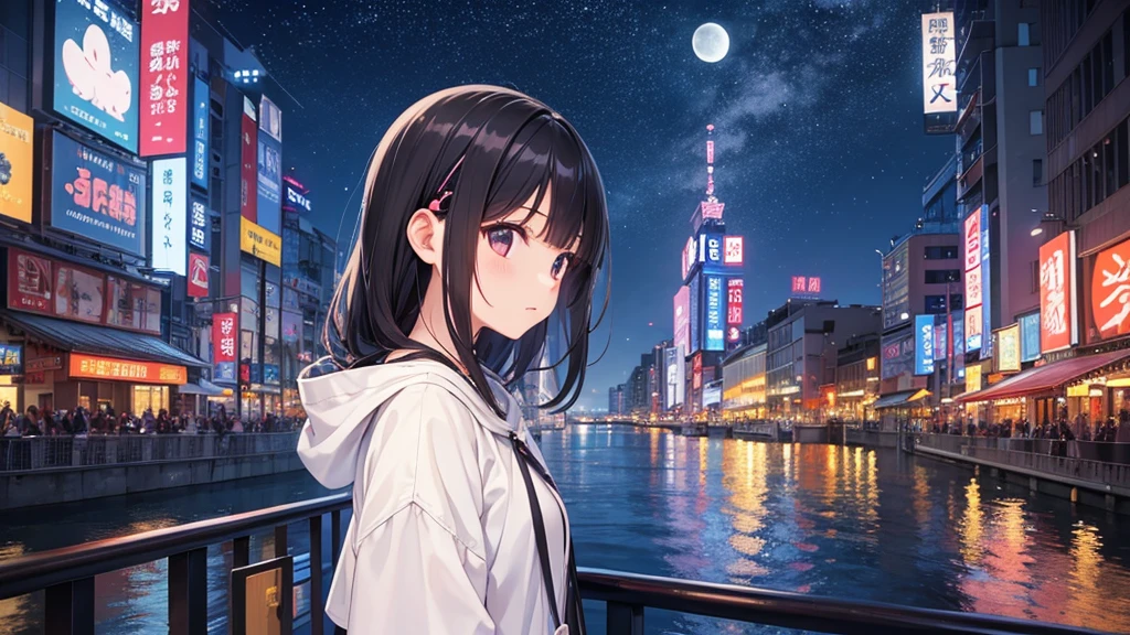 Traveling along Dotonbori Bridge in Osaka after the rain。White moon in the sky。A young girl with black hair wearing stylish clothes and headphones labeled "lo-fi" The girl is shown in profile, gazing into the distance with a calm, relaxed expression Background depicts the iconic scenery of Namba, Osaka at night, without any text on signs A starry night sky adding to the peaceful atmosphere Overall mood is quiet and serene, perfect for lo-fi music Detailed hair rendering and careful attention to the girl's fashionable outfit The entire scene should evoke a relaxing, introspective feeling associated with lo-fi music
