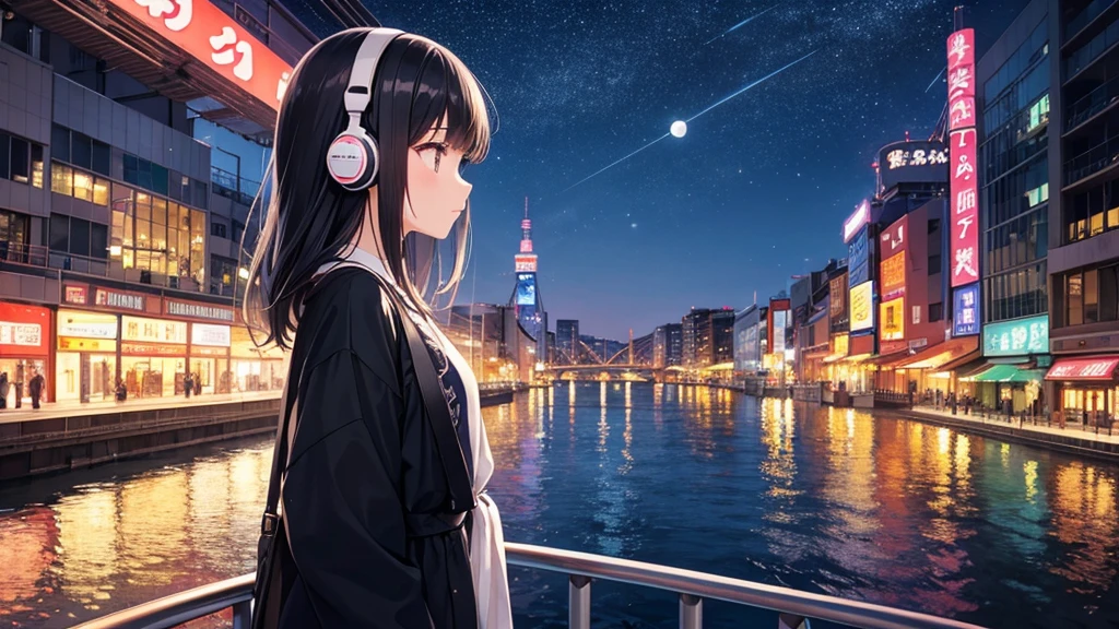 Traveling along Dotonbori Bridge in Osaka after the rain。White moon in the sky。A young girl with black hair wearing stylish clothes and headphones labeled "lo-fi" The girl is shown in profile, gazing into the distance with a calm, relaxed expression Background depicts the iconic scenery of Namba, Osaka at night, without any text on signs A starry night sky adding to the peaceful atmosphere Overall mood is quiet and serene, perfect for lo-fi music Detailed hair rendering and careful attention to the girl's fashionable outfit The entire scene should evoke a relaxing, introspective feeling associated with lo-fi music