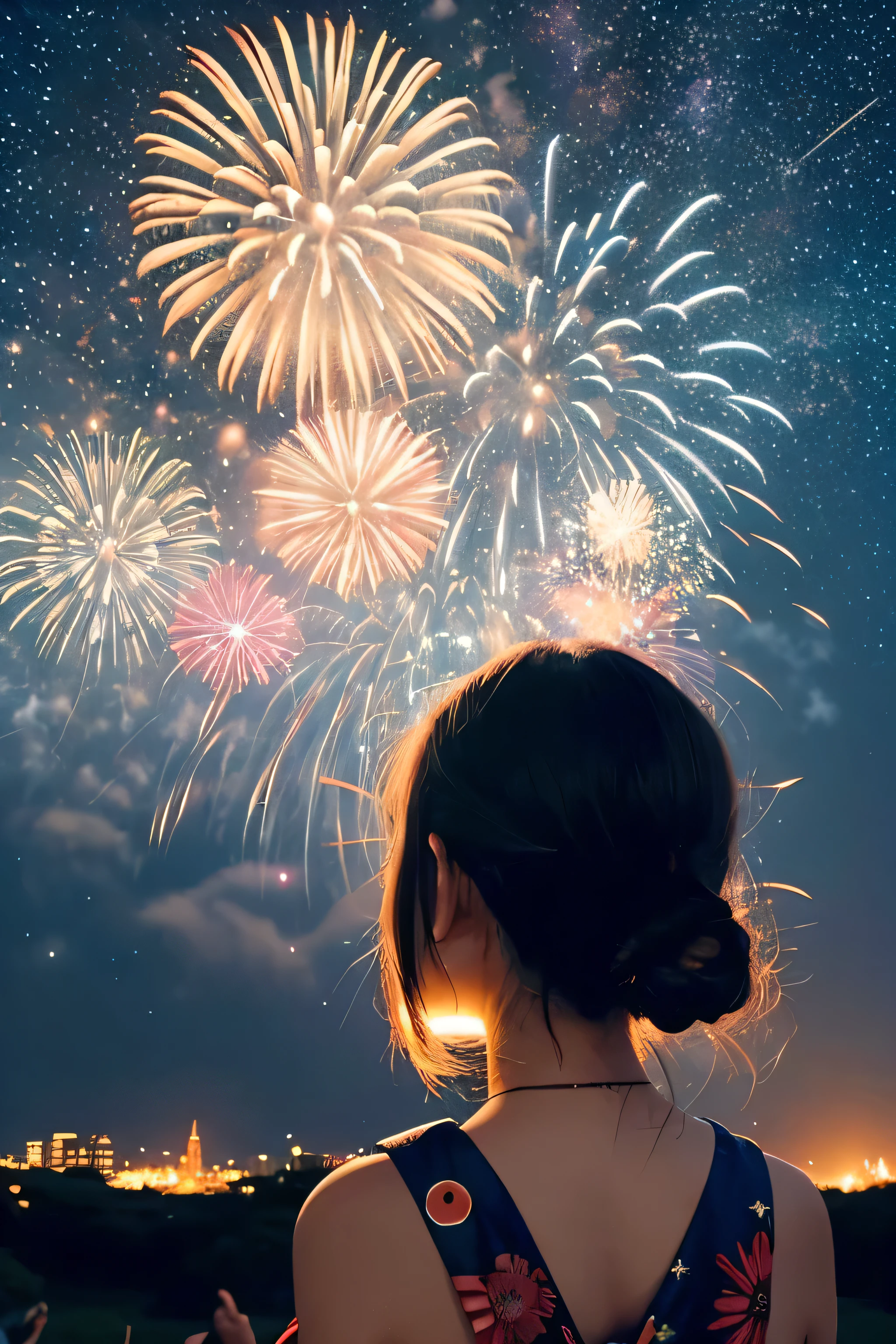 Ghibli style、Fireworks display、Huge fireworks bursting into the night sky、yukata、Rear view、Fireworks all over the night sky、Night view、(The vast starry sky:1.4)、Twinkle Star、Milky Way in 7 colors、Beautiful skyline、shrine、Summer festival、Very tense and dramatic footage、Moving visual effects、Colorful night with natural light