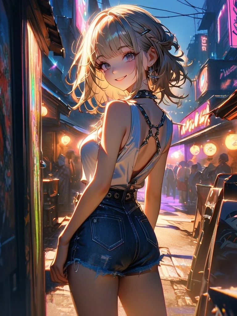 1 person, chromatic aberration, Written boundary depth, Soft Light, masterpiece, Highest quality, complicated, Tone Mapping, A place where fireworks are set off at festivals. Concept Art, Smooth, Clear focus, Dramatic lighting, Very cinematic, super practical painting, アートステーション's trending, 8k, Incredible Shadows, practical, whole body, View, Viewers, Portrait of a Girl 1, standing on street corner, Heavy rain and lightning、Dark Sky, neon and cyber punk background, she is dressed in punk clothing with silver chains and silver spikes, Her hair was dyed light brown.....................Ominous aura of light, smile, punk, ciber punk, Backlight.Fashionable clothes、Friendly dress code: She is wearing a cute white sleeveless top with an open back and denim shorts..My breasts are a little big.Looking back backwards