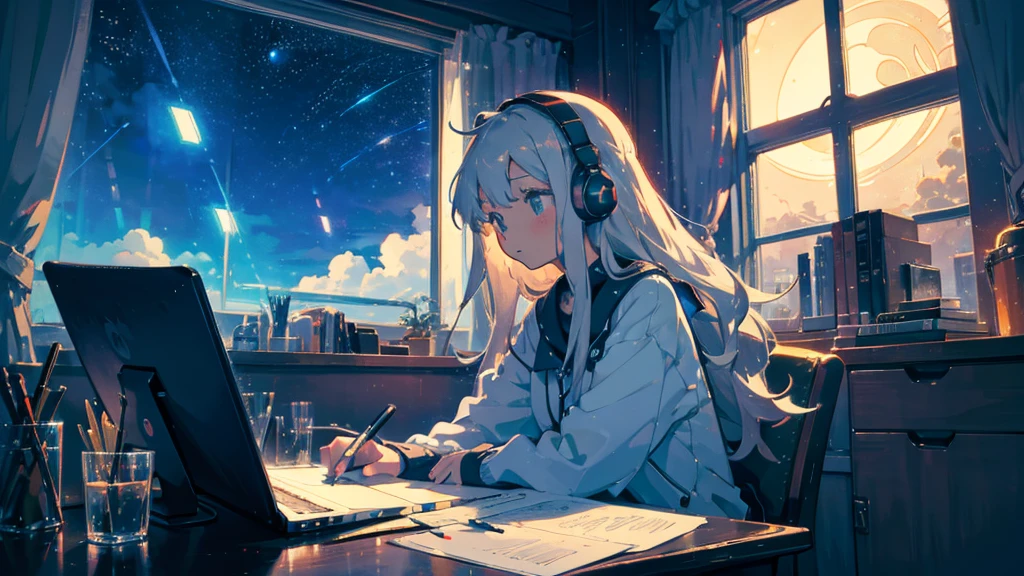 A high-quality, detailed anime-style illustration of a young woman with long, flowing hair, wearing large over-ear headphones. She is sitting at a desk with a laptop, focused intently on the screen as she conducts research. The setting is a cozy, dimly lit room with a large window showing a serene nightscape, complete with a starry sky and a gentle glow from s treetlights outside. The overall mood of the image is calm and contemplative, perfect for lo-fi music. The art style should be dlean and expressive, with smooth lines and a soft color palette.