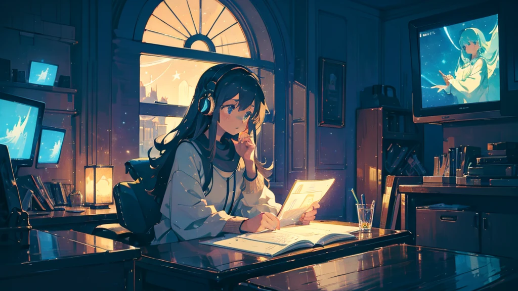 A high-quality, detailed anime-style illustration of a young woman with long, flowing hair, wearing large over-ear headphones. She is sitting at a desk with a laptop, focused intently on the screen as she conducts research. The setting is a cozy, dimly lit room with a large window showing a serene nightscape, complete with a starry sky and a gentle glow from s treetlights outside. The overall mood of the image is calm and contemplative, perfect for lo-fi music. The art style should be dlean and expressive, with smooth lines and a soft color palette.