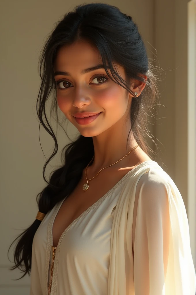 Indian girl, beautiful , smily face, wearing  white frock, looking very simple desi girl, sexy pose, close look