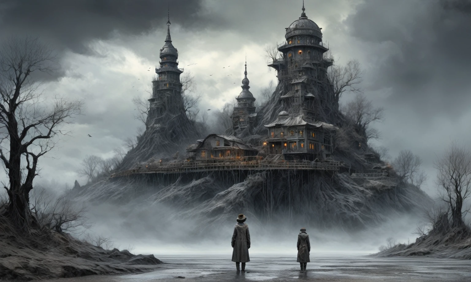 insane faity from USSR ,pinhead, camouflage Rusty, Ambient in a meteorite ,graphite witch after a psychiatric clinic,winter,intricate landscape,slate grey atmosphere,film grain,faded,eyes extremely detailed,another world,ring of truth,view from height,once pretty face,eyebrow up,full body shot,ominous landscape, Simon Stalenhag,Nicola Samori,full body shot,beggar paladium The Alien Entity,Technicolor,natural skin textures, hyper realism, hyper detailed,Extremely detailed,High contrast,Masterpiece,Realistic,Ultra Detailed, intricate details,realistic humid leather,extremly intricate,Epic Realistic, cinematic style,irina yermolova,high contrast,hdr,extremely detailed, deep night landscape,masterpiece,intricate details,faded,eyes extremely detailed, high detailed eyes,8k resolution,RAW,retina, Nikon Z9,China,Guangxi Zhuang of China,tkt style,ears perfect, transition between two art styles, Ink painting to photorealism, Double contact, X-ray, Creative, vivid light, masterpiece, fantasy, Abstract Surrealism, super detailed, high resolution, stop:35;Her skin is pale, almost translucent,ancient rock,a hot air soars through the layers of clouds, revealing a colossal and enigmatic cityscape nestled within. The buildings in this ethereal city are adorned with intricate details and exude an aura of mystery. Above the cityscape, lend an enchanting touch to the scene. steampunk. The intricate mechanics create a sense of wonder and fascination, as if stepping into a dreamlike realism