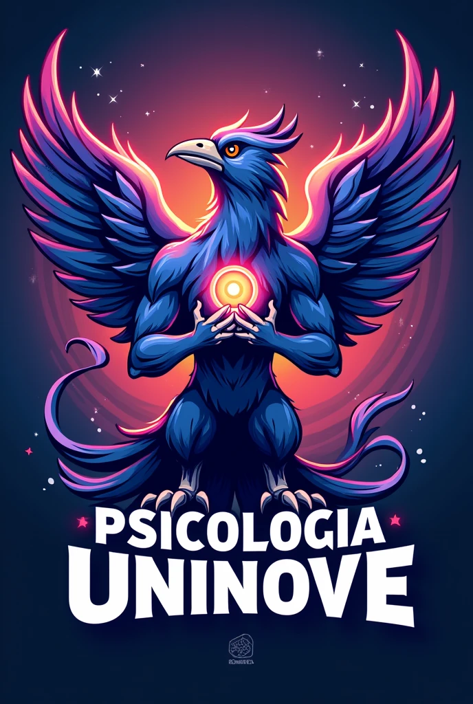Create a mascot image for the Psychology course. The phoenix must have a confident and empowered posture, symbolizing strength and overcoming. He should be holding the Psychology symbol Ψ with an expression of determination.. Use colors that represent Psychology, like purple and cyan blue eye color , no design, swirly vibrant colors. Include the name 'PSICOLOGIA UNINOVE' in bold, with typography that conveys power and professionalism. The mascot's style should be aggressive and inspiring., with features that show power and resilience. Design should reflect the spirit of support, development and reception of the group, incorporating additional symbols related to Psychology, significant elements for the course and practice of Psychology. Make a logo and use it on social media. same color background, animal on fire and put the psychology dimbolo