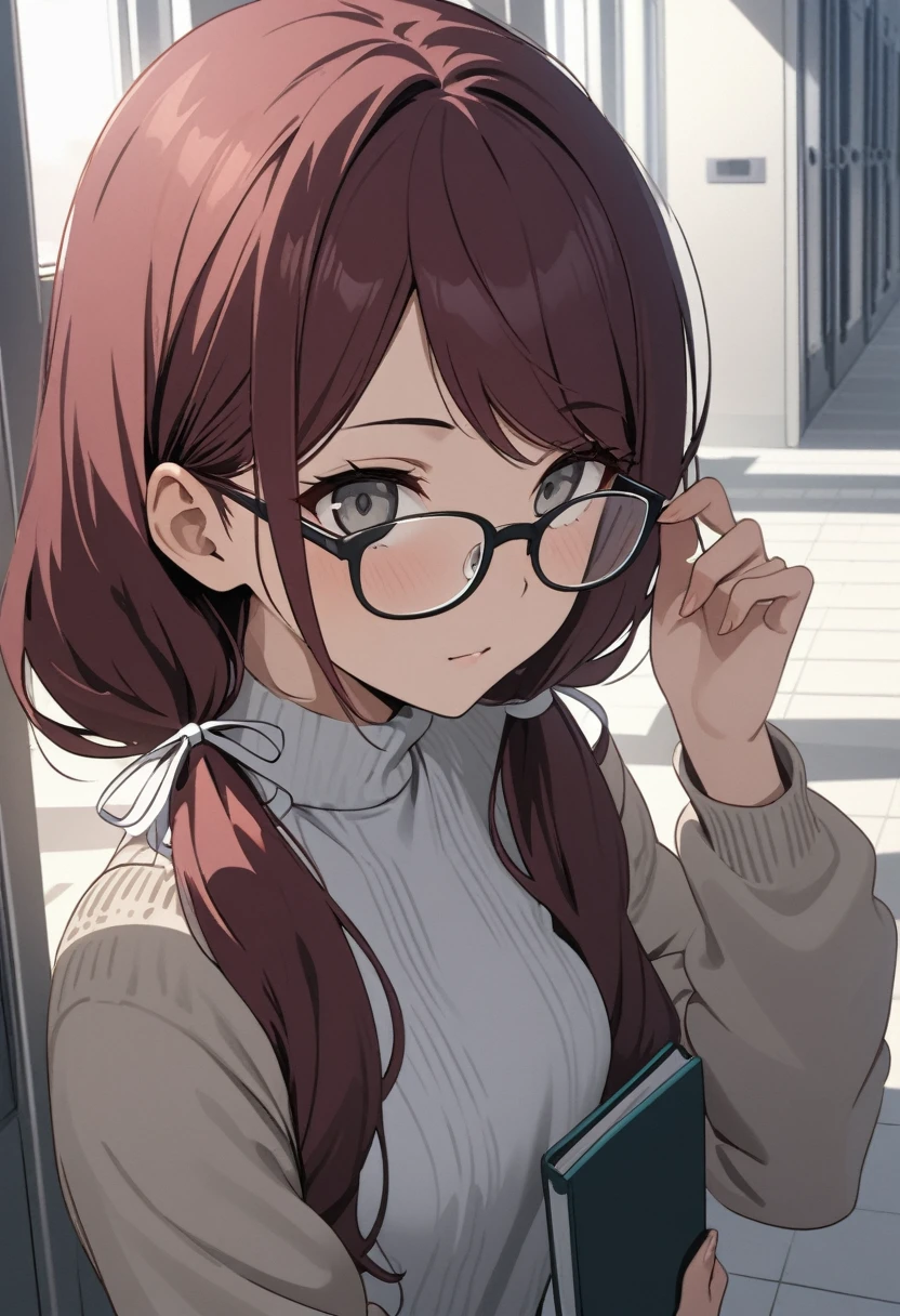 (masterpiece, best quality), stoic, adjusting glasses, holding book, beautiful face, upper body, close up, Gray eyes, dark red hair, swept bangs, low twin tails, white ribbons, glasses, knitted gray cardigan over strapless white shirt, small breasts, shadows, college campus, hallway, shadows, lockers, steps, tiled floor, people in background, potted plants,