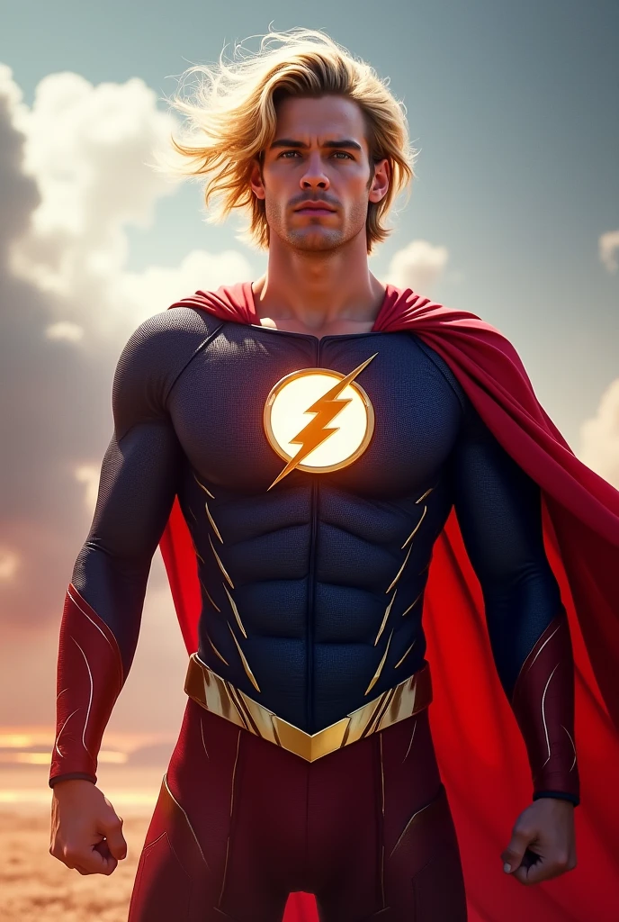 The son (male) de flash y supergirl, adult, with a fused suit of both superheroes (Red and blue), and with a cape, rubio... Con traje de flash y supergirl fusionados, and lightning emblem and the "s" (de superman)