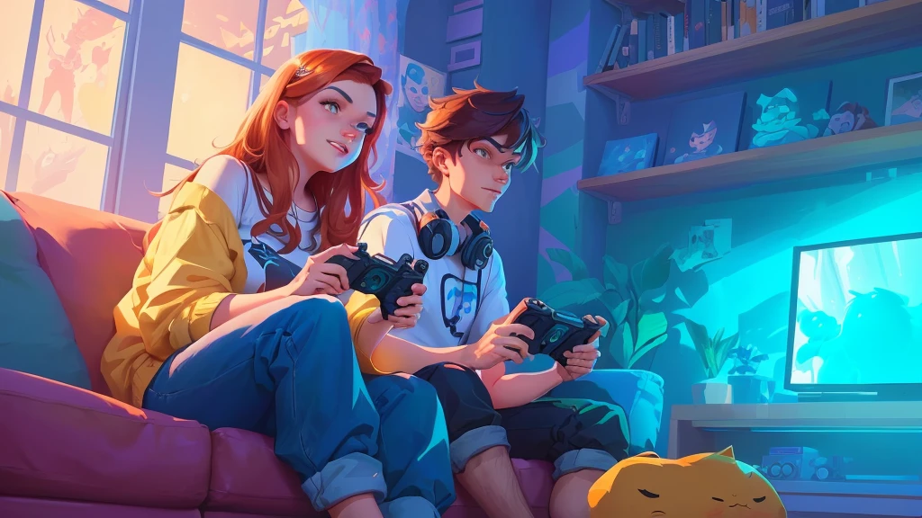 cartoon illustration of a couple sitting on a couch playing video games, inspired by Lois van Baarle, Playing games, fanart de videogame, playing video games, game illustration, Rhads e Lois Van Baarle, by Lois van Baarle, twins playing video games, Lois van Baarle e Rossdraws, video game style