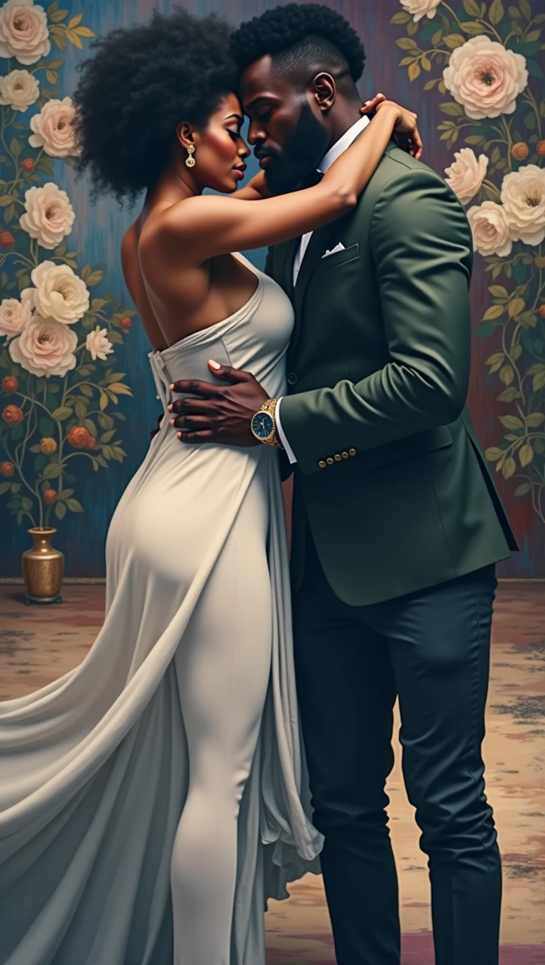 she is dressed in black lace lingerie, her curly hair framing her beautiful face, a tall, black man stands behind her, arms wrapped around her waist, he has a full beard and locs, the scene is set in a cozy living room . The artist, renowned for their attention to detail, creates a heartwarming scene with rich colors and intricate textures. Other elements in the room are champagne bottle on the the table two champagne glasses, next to a bouquet of red roses, create in 4k