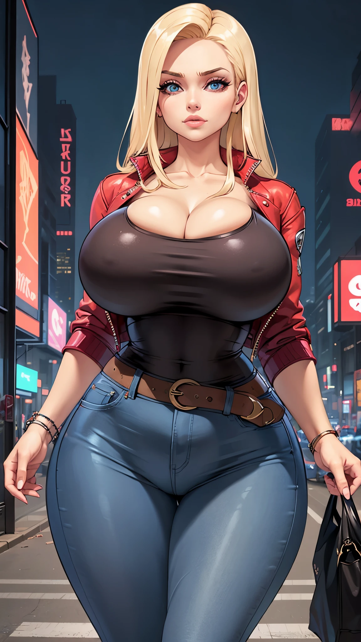 y buxom blonde woman in tight jeans, tight V-neck t-shirt, and an open scarlet jacket, wavy dirty blonde hair, cyberpunk city, massive oversized breide hips, deep cleavage