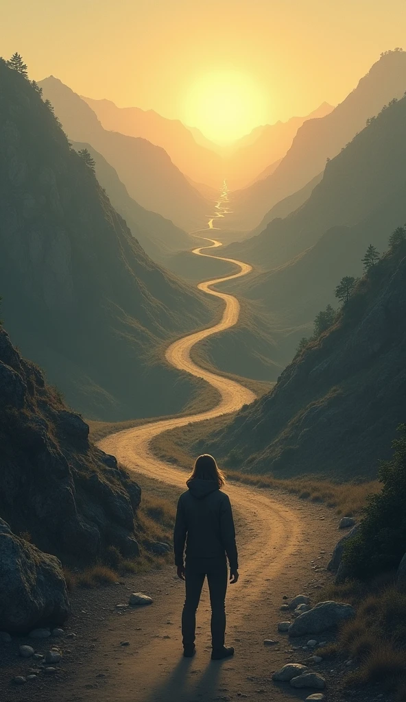 A person standing at a crossroads, resolutely stepping onto a rugged, uphill trail that twists and turns into the distance. The other path, smooth and straight, is ignored. The chosen path leads toward a distant, glowing horizon, symbolizing unwavering commitment and determination."