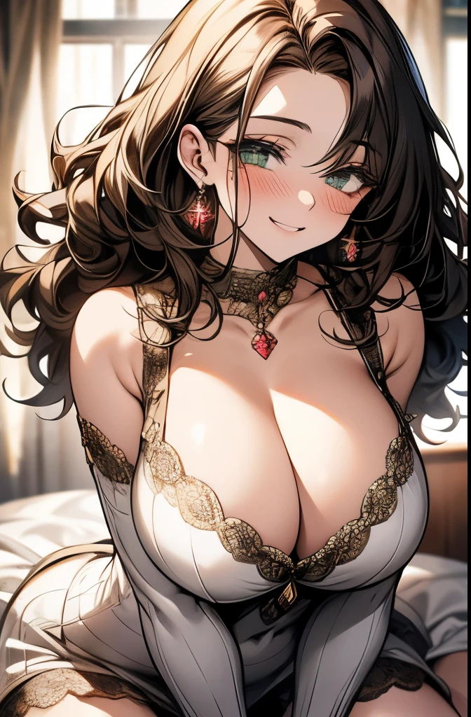 full body, extreme curly hair, thick luxurious hair, lustful eyes, a knowing smile, aroused , playfully aroused, dripping with desire, busty cleavage, heavy bust, large breasts, pajamas, slim waist, posing by the bed, coy smile, (blushing:1.3), looking lovingly at the viewer, seductive green eyes, an inviting pose, bedroom background, champagne, in love (pov), loving gesture, loving gaze, loving eyes, glowing eyes, highly detailed eyes, chocker, earrings, nsfw,