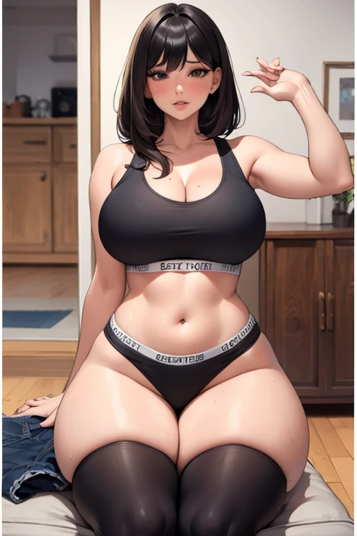 (best quality), (masterpiece), 1 girl, early 20's, huge heavy breasts, busty, perky breasts, thick, thick lips, wide hips, thin waist, underwear, panties, sports bra, black panties, clothes writing, ckundies