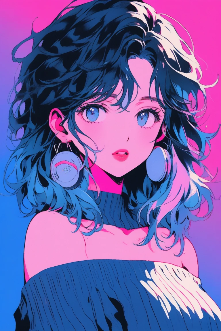 ((masterpiece,Highest quality)), 8k, anime , Realistic ,sketch, anime風のポートレート, (((黒子猫を連れたanimeの))), Blue gradient background, Off-the-shoulder knit, Neon colored messy medium hair, lip, Big earrings, Wear headphones, Texture Trim, Canadian, Upper Body, (masterpiece,Highest quality)