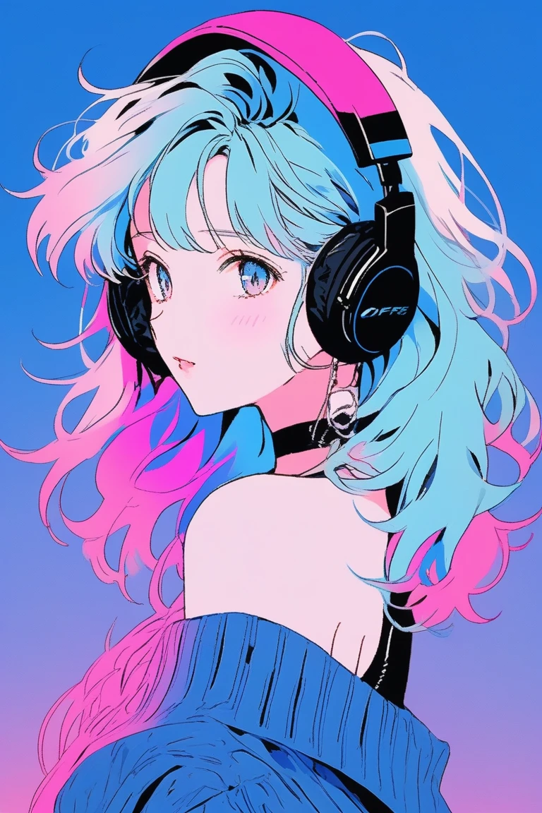 ((masterpiece,Highest quality)), 8k, anime , Realistic ,sketch, anime風のポートレート, (((黒子猫を連れたanimeの))), Blue gradient background, Off-the-shoulder knit, Neon colored messy medium hair, lip, Big earrings, Wear headphones, Texture Trim, Canadian, Upper Body, (masterpiece,Highest quality)