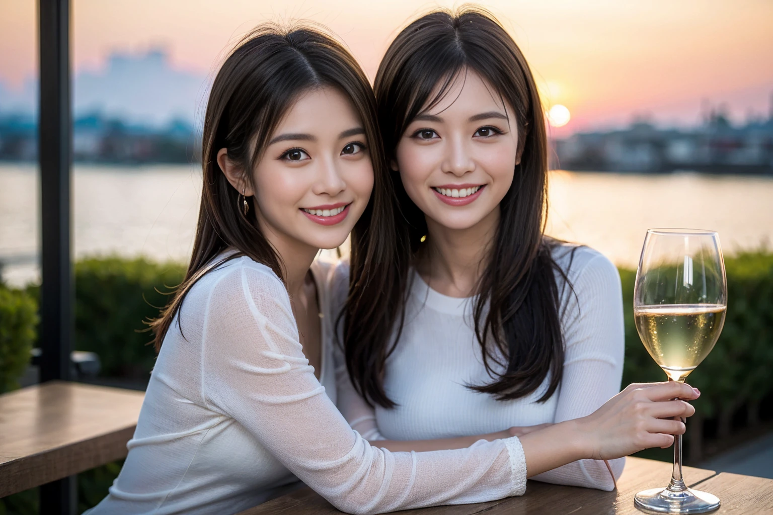 ((Highest quality、8k、masterpiece:1.3))、1 male、1 female,36 years old 39 years old、Slim Beauty、Beautiful couple、Upper Body、smile、 (Slim face), (The body is スリム), (Brown Hair), (Shortcuts), Japanese food、Soba、Japanese sake、Shochu 、Amazing view of the sunset sky and clouds、smileの美しさ、sparkling wine、Long sleeve shirt、dress、White wine, wine glass, Beautiful fine grain, Depth f/2,saturation, High Contrast, Strong light and shadow,Moist Body:1.5、 texture、The hair is very shiny、