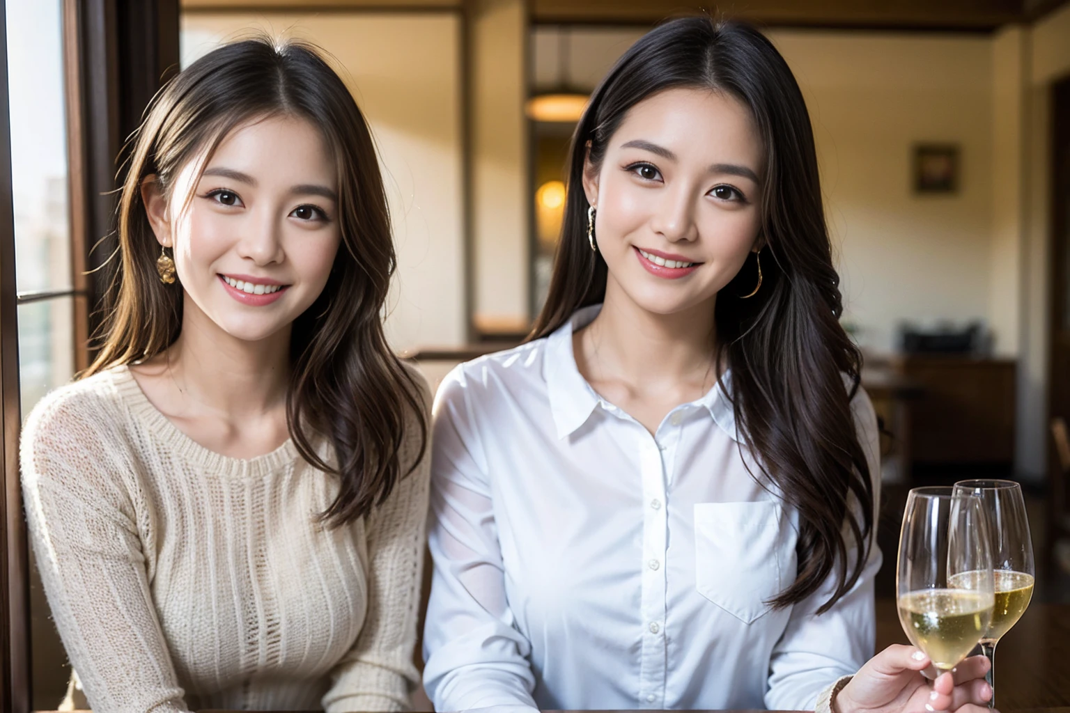 ((Highest quality、8k、masterpiece:1.3))、1 male、1 female,36 years old 39 years old、Slim Beauty、Beautiful couple、Upper Body、smile、 (Slim face), (The body is スリム), (Brown Hair), (Shortcuts), Japanese food、Soba、Japanese sake、Shochu 、Amazing view of the sunset sky and clouds、smileの美しさ、sparkling wine、Long sleeve shirt、dress、White wine, wine glass, Beautiful fine grain, Depth f/2,saturation, High Contrast, Strong light and shadow,Moist Body:1.5、 texture、The hair is very shiny、