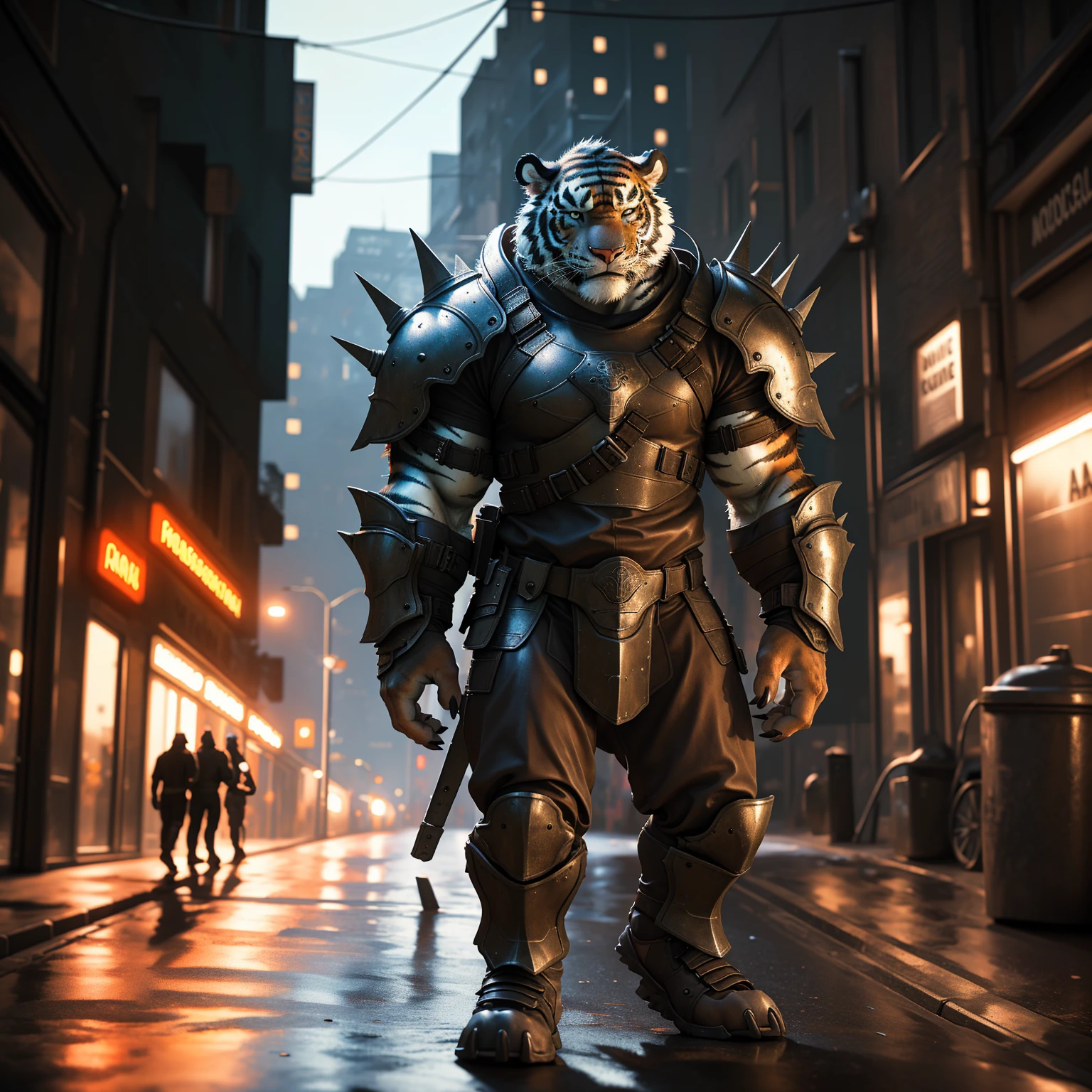 a heavily muscular mercenary warrior standing on a city street, wearing minimal armor plating, detailed face and body, dark gritty urban environment, dramatic cinematic lighting, dramatic pose, highly detailed, photorealistic, 8k, (best quality, 4K, 8k, highres, masterpiece:1.2), ultra-detailed, (realistic, photorealistic, photo-realistic:1.37), HDR, uhd, studio lighting, extreme detail description, professional, vivid colors, cinematic lighting, dramatic scene, highly detailed facial features, Muscular Physique, armor plating, street setting, gritty urban environment muscular tiger