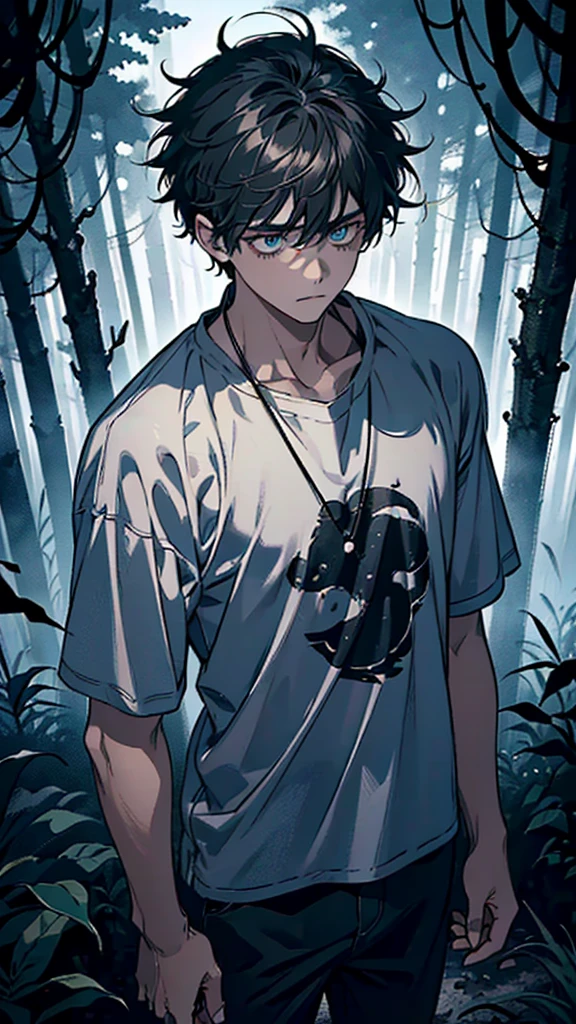 (Overhead view), dynamic angle, ultra-detailed, illustration, close-up, straight on, 1boy, ((short, messy hair, worn simple clothes:1.4, determined eyes)), His expression shows realization and newfound resolve, (faint light illuminating his face:1.2), (standing still in the dark forest), (night:1.2), (moody atmosphere).