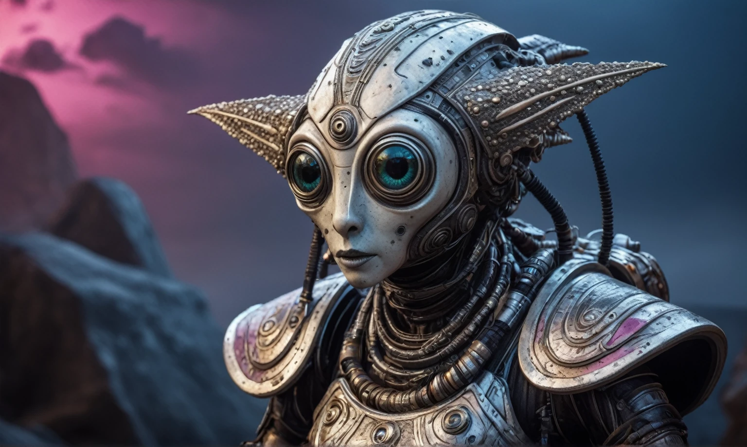 full body length shot,nerd graphite  Alien Entity,native africa slave ,azctec Finnish Lapland,Cinematic,soft colors, Technicolor,natural skin textures, hyper realism, hyper detailed,Extremely detailed,High contrast,Masterpiece,Realistic,Ultra Detailed, intricate details,realistic humid leather,extremely intricate details,Epic Realistic, cinematic style, irina yermolova,high contrast,hdr,extremely detailed, [deep night landscape],masterpiece, intricate details, eyes extremely detailed, high detailed eyes,8k resolution,retina, Nikon Z9,orcian Egypt, Pisces, transition between two art styles,full body length, Double contact, X-ray, Creative, vivid light, fantasy, Abstract, Surrealism, super detailed, high resolution,insanity national folk wear,skin  almost translucent, gothic elements,Mestichino,Light particles,chaos,starfish's leather,"(The best lighting, dark, dramatic), terror.),(fish eyes, A Modern flat toon Crazy whit a Big ONE a Only Eye Robot USSR , and helmet Style, tongs in hands, Tv head, pinhead, camouflage Yellow White Pink Rusty, Ambient in a meteorite crater super detailed, 