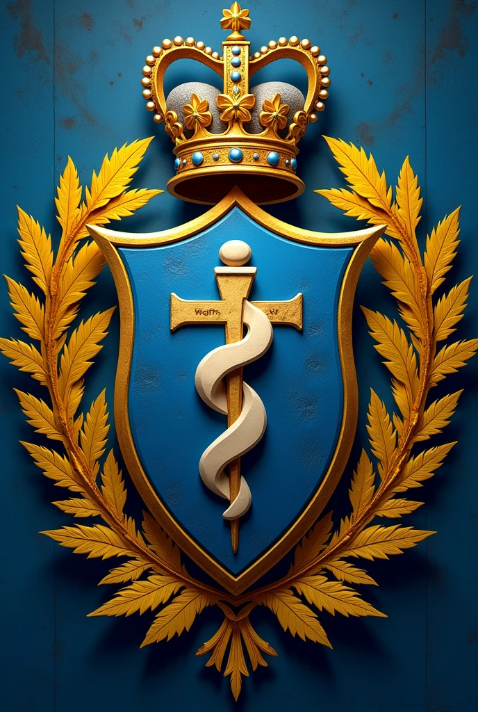 Create a coat of arms for a medical class "WITH XV FAMESC" with the predominance of blue and yellow colors