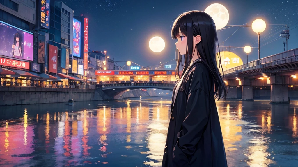 Traveling along Dotonbori Bridge in Osaka after the rain。White moon in the sky。A young girl with black hair wearing stylish clothes and headphones labeled "lo-fi" The girl is shown in profile, gazing into the distance with a calm, relaxed expression Background depicts the iconic scenery of Namba, Osaka at night, without any text on signs A starry night sky adding to the peaceful atmosphere Overall mood is quiet and serene, perfect for lo-fi music Detailed hair rendering and careful attention to the girl's fashionable outfit The entire scene should evoke a relaxing, introspective feeling associated with lo-fi music