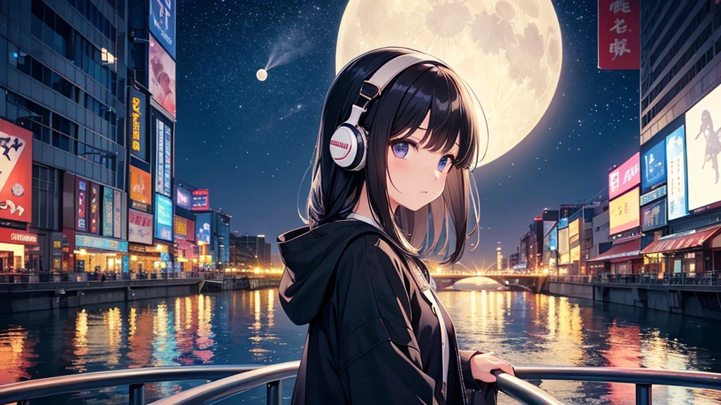Traveling along Dotonbori Bridge in Osaka after the rain。White moon in the sky。A young girl with black hair wearing stylish clothes and headphones labeled "lo-fi" The girl is shown in profile, gazing into the distance with a calm, relaxed expression Background depicts the iconic scenery of Namba, Osaka at night, without any text on signs A starry night sky adding to the peaceful atmosphere Overall mood is quiet and serene, perfect for lo-fi music Detailed hair rendering and careful attention to the girl's fashionable outfit The entire scene should evoke a relaxing, introspective feeling associated with lo-fi music